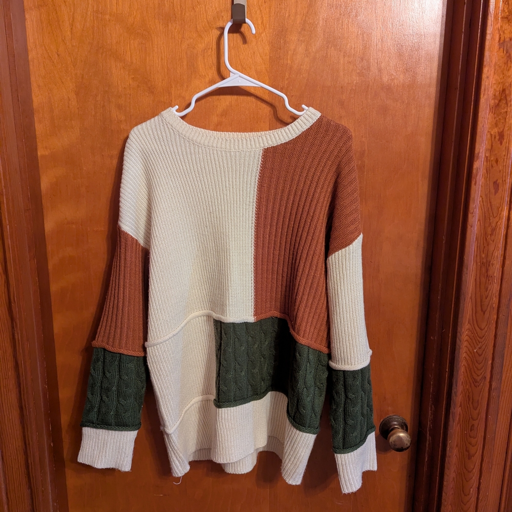 Cream and Brown Crew Neck Sweater with Classic Knit Design